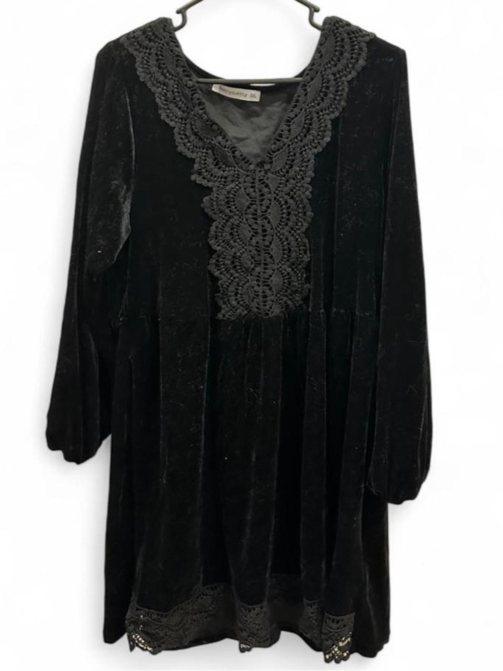 Black Velvet Crochet Trim Babydoll Dress
